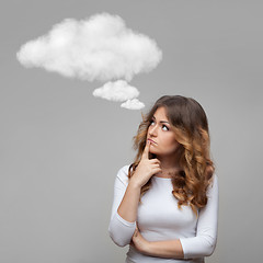 Image showing Thinking woman and empty cloud
