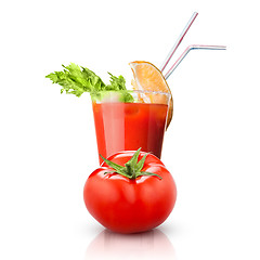 Image showing red tomato and glass of juice isolated