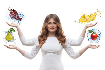 Image showing smiling woman with fruits isolated