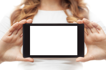 Image showing Woman hold tablet PC on white