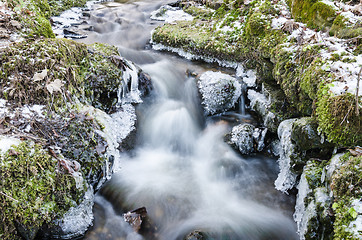 Image showing The flow of water in the spring of icicles and ice