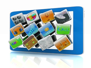 Image showing Touchscreen Smart Phone with Cloud of Media Application Icons 