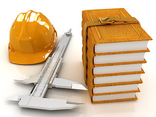 Image showing Vernier caliper, leather books and yellow hard hat 