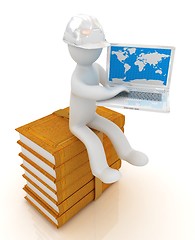 Image showing 3d man in hard hat sitting on books and working at his laptop 