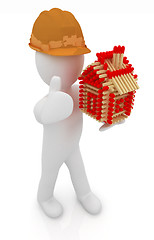 Image showing 3d architect man in a hard hat with thumb up with log house from