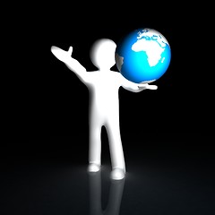 Image showing 3d man holding a glowing earth on a mysterious black background 