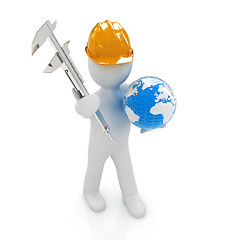 Image showing 3d man engineer in hard hat with vernier caliper and Earth