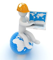 Image showing 3d man in a hard hat sitting on earth and working at his laptop 