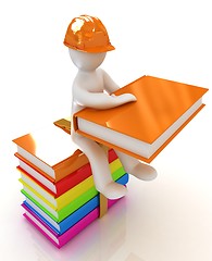 Image showing 3d man in a hard hat with book sits on the colorful books 