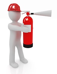 Image showing 3d man in hardhat with red fire extinguisher 