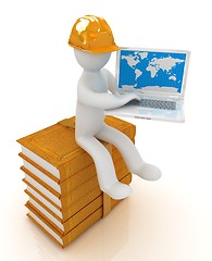 Image showing 3d man in hard hat sitting on books and working at his laptop 