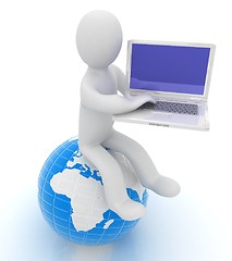 Image showing 3d man sitting on earth and working at his laptop 