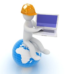 Image showing 3d man in a hard hat sitting on earth and working at his laptop