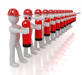 Image showing 3d mans in hardhat with red fire extinguisher 