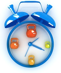 Image showing Alarm clock icon with kettlebells. Sport concept 