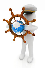 Image showing Sailor with wood steering wheel and earth. Trip around the world