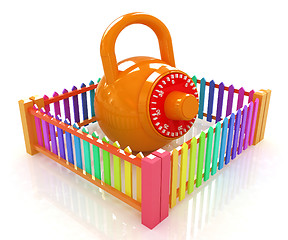 Image showing Protection concept.Lock closed colorfull fence 