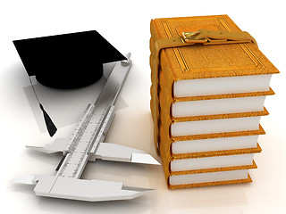 Image showing Vernier caliper, books and graduation hat. The best professional