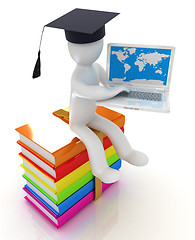 Image showing 3d man in graduation hat with laptop sits on a colorful glossy b