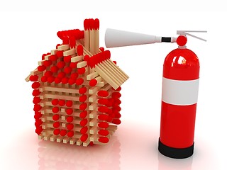 Image showing Red fire extinguisher and log house from matches pattern