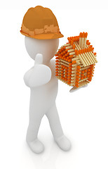 Image showing 3d architect man in a hard hat with thumb up with log house from