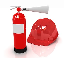 Image showing Red fire extinguisher and hardhat 