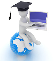 Image showing 3d man in graduation hat sitting on earth and working at his lap