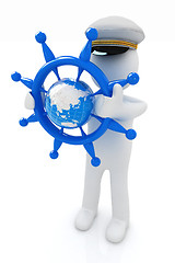 Image showing Sailor with steering wheel and earth. Trip around the world conc