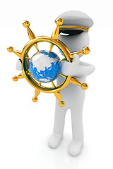 Image showing Sailor with gold steering wheel and earth. Trip around the world