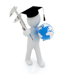 Image showing 3d man in graduation hat with Earth and vernier caliper 