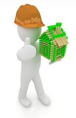 Image showing 3d architect man in a hard hat with thumb up with log house from