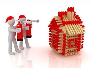 Image showing 3d man with red fire extinguisher and log houses from matches pa