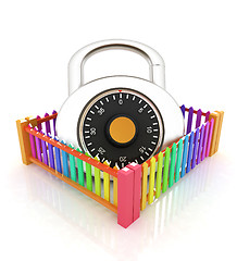 Image showing Protection concept.Lock closed colorfull fence 