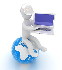 Image showing 3d man in a hard hat sitting on earth and working at his laptop