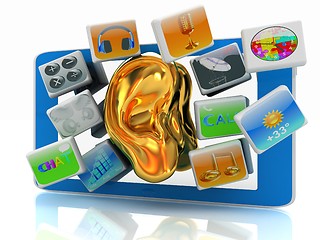 Image showing Ear gold on tablet pc with cloud of media application Icons 