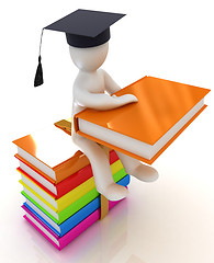 Image showing 3d man in graduation hat with useful books sits on a colorful gl