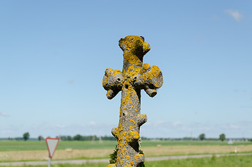Image showing old antique mossy metallic cemetery cross 