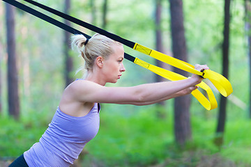 Image showing Training with fitness straps outdoors.