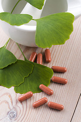 Image showing Ginkgo biloba leaves in mortar and pills