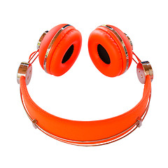 Image showing Vivid orange headphones smile