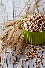 Image showing wheat grain in bowl and ears