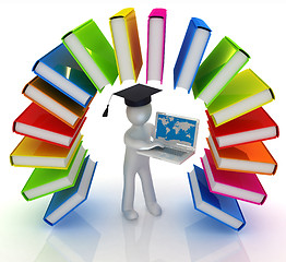 Image showing Colorful books like the rainbow and 3d man in a graduation hat w