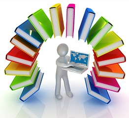 Image showing Colorful books like the rainbow and 3d man with laptop 