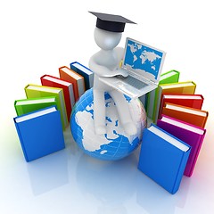 Image showing 3d man in graduation hat sitting on earth and working at his lap
