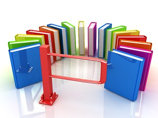 Image showing Colorful books in a semicircle and tourniquet to control. The co