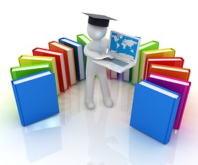 Image showing 3d man in graduation hat working at his laptop and books 