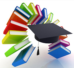 Image showing Colorful books like the rainbow and graduation hat 