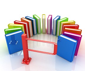 Image showing Colorful books in a semicircle and tourniquet to control. The co