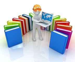 Image showing 3d man in hard hat working at his laptop and books 