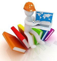 Image showing 3d man in hard hat sitting on books and working at his laptop 